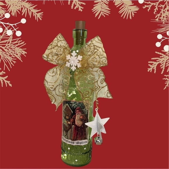 OOAK Hand-decorated Green Santa Lighted Wine Bottle Holiday Decor - Picture 1 of 7